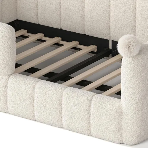 Vista 9 de Bellemave Cama Montessori tapizada de vellón de peluche de tamaño matrimonial con valla, marco de cama infantil de perfil bajo con barandillas