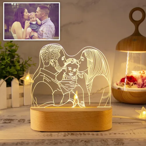 Vista 4 de Lámpara de mesa personalizada con ilusión 3D para dormitorio, retratos grabados con imagen personalizada, luz nocturna, esperando que los padres