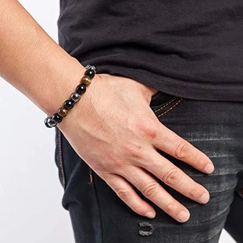 Vista 4 de INENIMARTJ 2 pulseras de obsidiana negra con terapia magnética de hematita de malaquita para hombres y mujeres, pulsera de triple protección