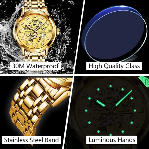 Vista 5 de OLEVS Men's Automatic Watch, Luxury Skeleton Large Face Roman Numerals Self Winding Watch, Gold Silver Stainless Steel Watches for Men