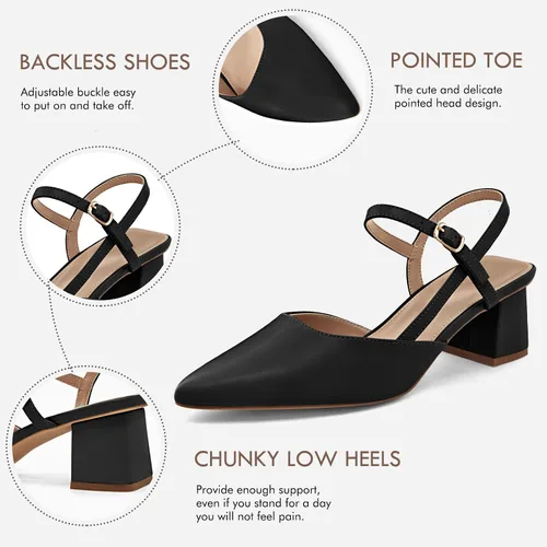 Vista 5 de Coutgo Zapatos de tacón bajo y grueso para mujer, tacón puntiagudo cerrado, para boda, fiesta, vestido