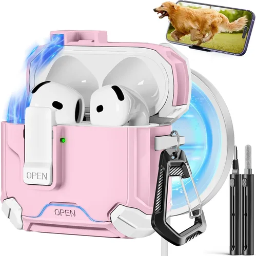 Vista 17 de Pohgelan - Funda compatible con AirPods Pro 2ª/1ª (verde) Cerradura magnética automática con kit de limpieza, compatible con Magsafe
