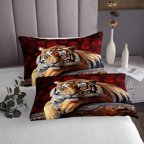Vista 4 de Erosebridal Juego de colcha de tigre tamaño Queen, diseño romántico floral de safari con flores rojas para adultos, hombres, mujeres, niños y niñas