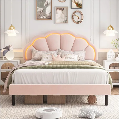 Vista 11 de Base de cama LED tapizada individual para niñas con cabecero de pétalos ajustable, color beige