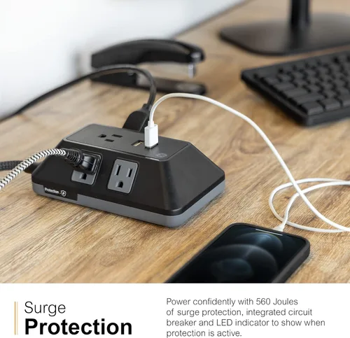 Vista 6 de GE UltraPro Adapt protector de sobretensiones de 5 tomas con puertos USB, 2 puertos USB-A, 2.4A, cable trenzado de 3 pies, regleta de alimentación
