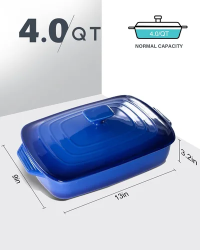 Vista 2 de Lareina Cacerola grande de cerámica con tapa, 4.0 cuartos de galón, platos cubiertos rectangulares de piedra para hornear para horno, cacerolas