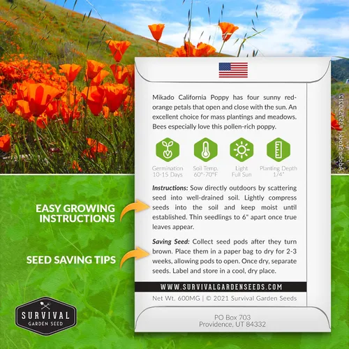 Vista 2 de Paquete de 1 semilla de amapola Mikado California para plantar, paquete con instrucciones para cultivar amapolas rojas en tu huerto casero, variedad