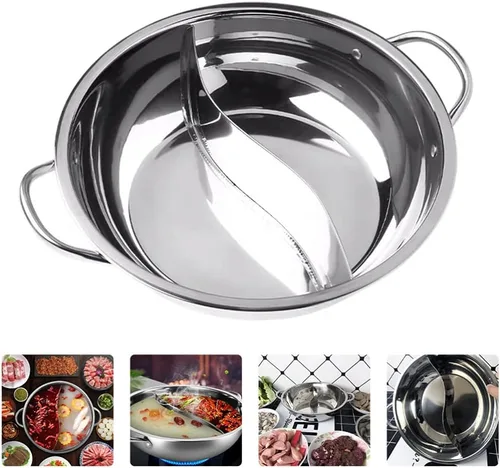 Vista 8 de UPKOCH Olla caliente de acero inoxidable Shabu Olla caliente dividida Olla de cocina de sopa de doble cara Olla de cocina con divisor para estufa