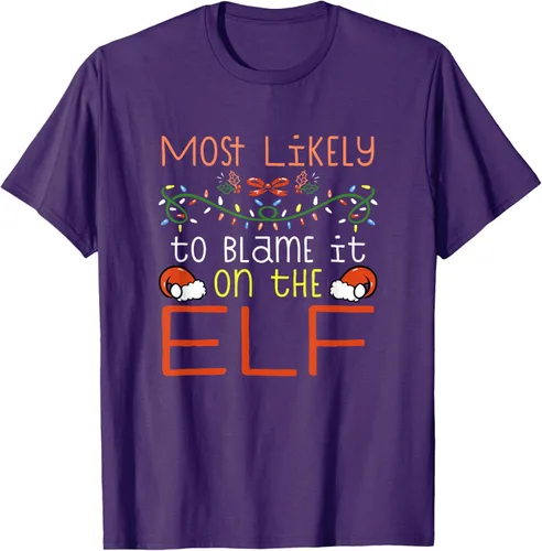 Vista 22 de Camiseta de Navidad familiar a juego con la frase "Most Likely To Blame It On The Elf" Negro