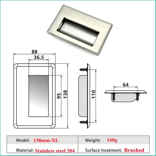 Vista 5 de Paquete de 2 tiradores empotrados ocultos de acero inoxidable cuadrados empotrados para muebles, para puerta, cajón, armario, puerta corrediza (XL)