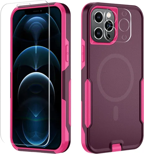 Vista 10 de Xmon Funda magnética para iPhone 12 Pro Max [probada contra caídas de grado militar y con MagSafe] Protector de pantalla de vidrio templado