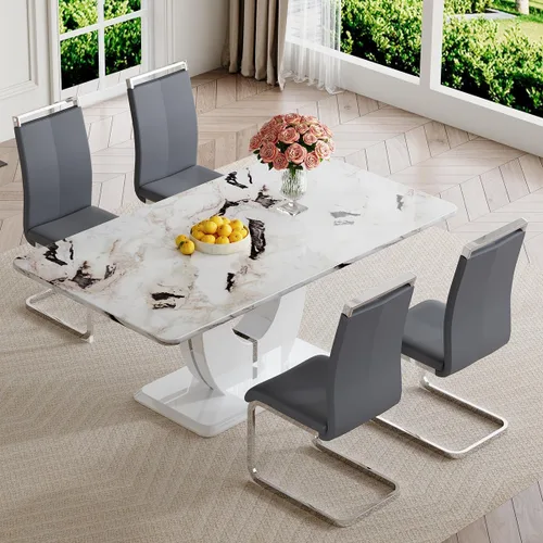 Vista 69 de JUFU Juego de mesa de comedor moderno para 4, juego de mesa de cocina rectangular de 63 pulgadas con mesa de mármol sintético y 4 sillas tapizadas
