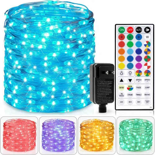 Vista 9 de Luces de Hadas USB Enchufables de 33 pies, 100 LEDs con Control Remoto, Luz Blanca Cálida de 20 Colores Cambiantes, Luces de Cadena Centelleantes