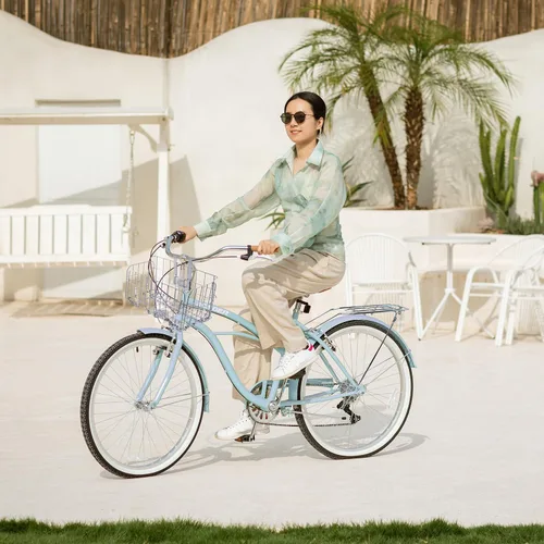 Vista 6 de ACEGER Girls Bike with Rattan Basket for 10+ Years, 24" 26" 1 & 7 Speed Comfort Commute Bicycle, Included Dual Brakes & Seat Rack, Adjustable