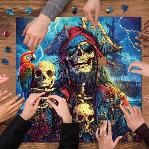 Vista 6 de Rompecabezas de esqueleto pirata para adultos, 1000 piezas, capitán pirata de terror con cráneo loro, escena de tormenta oceánica, rompecabezas
