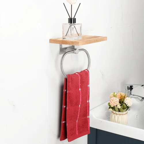Vista 6 de TocTen Toallero de mano para baño, toalla de pared con estante de madera, toallero de mano de metal de alta calidad, accesorios de baño, colgador