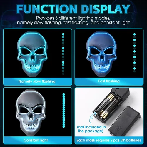 Vista 7 de [Usado] Liliful 3 máscaras de Halloween con luces LED de calavera aterradora con alambre electroluminiscente, 3 modos intermitentes, accesorios