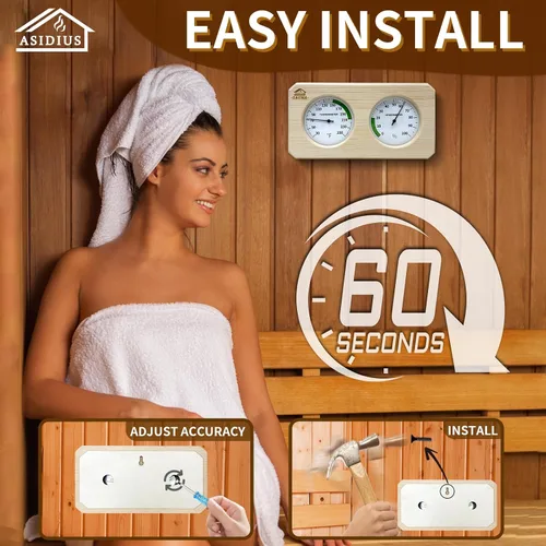Vista 6 de Termómetro e higrómetro de sauna 2 en 1, termómetro de sauna ajustable de pino, termómetro de sauna de calibre Fahrenheit para sala de sauna