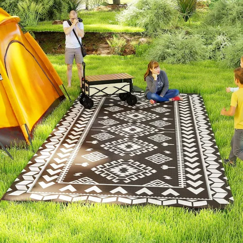 Vista 47 de Outsunny Alfombra de exterior para patio impermeable 9' x 18' rombo negro y Borde rombo negro y gris
