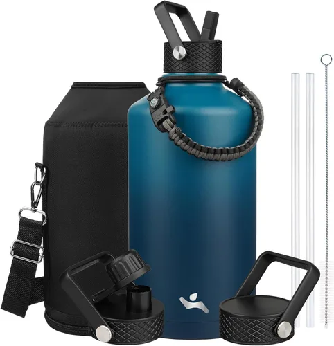 Vista 48 de Konokyo - Botella de agua aislada de 18 onzas, botellas deportivas de acero inoxidable con 3 tapas, verde militar