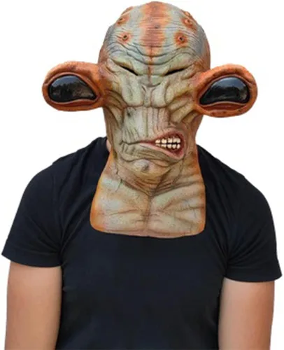 Vista 2 de Ghoulish Productions Máscara de látex alienígena rico naranja gruñón máscara de látex alienígena naranja con grandes ojos negros Ideal