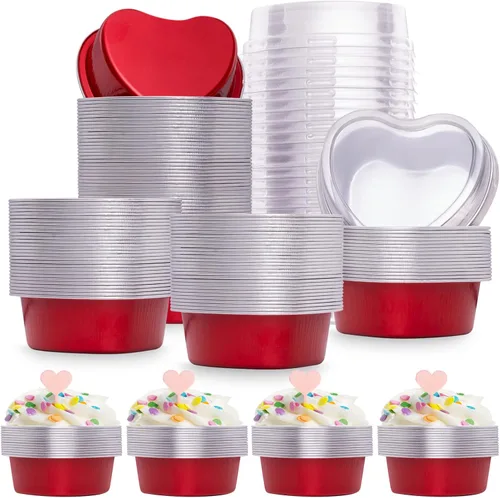 Vista 9 de yeload 60 moldes para pasteles en forma de corazón con tapas, mini moldes de aluminio, 3.4 onzas/3.4 fl oz de papel de aluminio desechable, molde