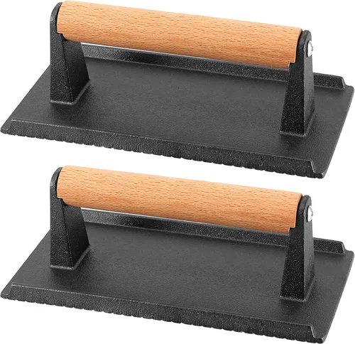 Vista 8 de Paquete de 2 prensas de hierro fundido negro, redondas de 7 x 7 pulgadas y 8 x 4 pulgadas, prensa rectangular de tocino pesado con mango de madera