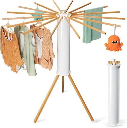 Vista 7 de Estante de secado de ropa con trípode cilíndrico, 16 varillas expandibles, estante de secado de pulpo de pie, maestro de ahorro de espacio, compacto