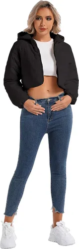Vista 5 de Chaqueta acolchada recortada con capucha para mujer, de manga larga, ligera, para exteriores
