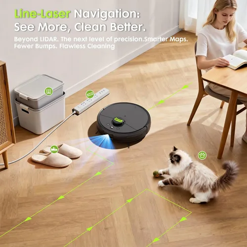 Vista 7 de Robot aspirador y trapeador, tecnología de corte sin enredos de pelo de mascotas, succión máxima de 10,000 Pa, navegación láser, láser