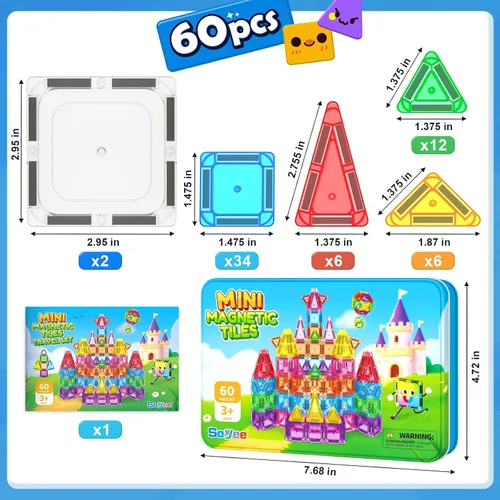 Vista 6 de Soyee Mini azulejos magnéticos de viaje, 60 piezas con estuche de lata de metal, juguetes esenciales de viaje, juguetes de viaje para niños