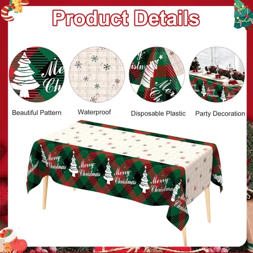 Vista 3 de Mantel de Navidad, 2 piezas de mantel de Navidad desechable para mesa rectangular, 54" x 108" de plástico con diseño de copo de nieve, árbol