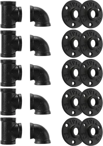 Vista 12 de Accesorio de Tubería Negra de 1", Paquete de 20 Brida de Piso/Codo/T de 1" Combo para Estilo Vintage Industrial, Bridas/Codo/T con Orificio Roscado