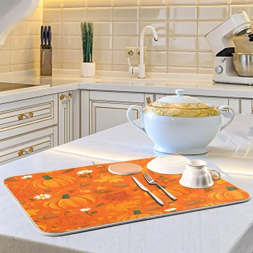 Vista 6 de Tapete de secado de platos de otoño de calabaza y arce de 16 x 18 pulgadas, absorbente para platos de otoño, protector para cocina de secado rápido