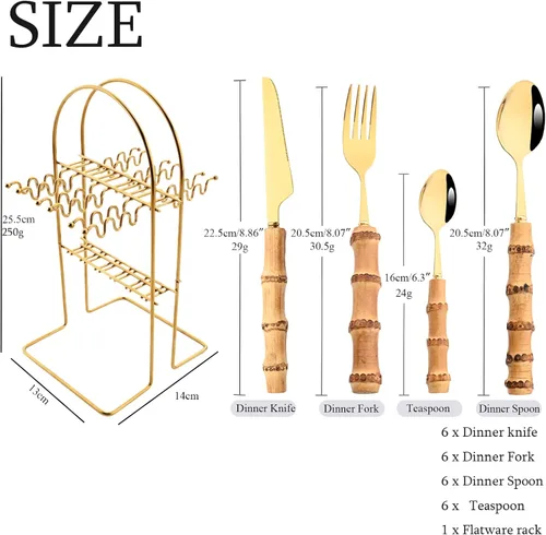Vista 4 de Juego de cubiertos de acero inoxidable dorado de 24 piezas, cubiertos de mango de bambú con soporte, incluye cuchillo tenedor, cuchara y cucharilla