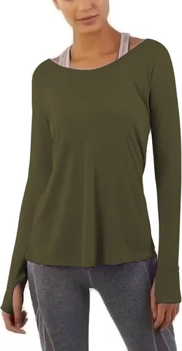 Vista 2 de Bestisun Camisetas de entrenamiento de yoga de manga larga ligeras con agujero para el pulgar, ropa atlética para mujer