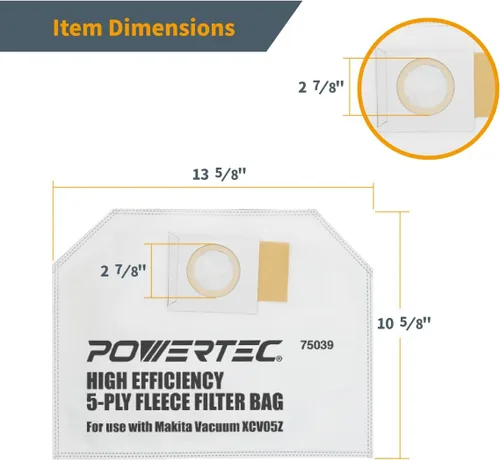 Vista 4 de POWERTEC XCV05 Bolsas de filtro para Makita 10PK, 161471-7 bolsas de repuesto para aspiradora Makita XCV05Z, XCV05ZX, XCV09, XCV10 para mochila
