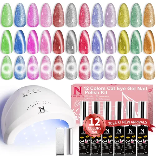 Vista 17 de Kit de esmalte de uñas de gel, 12 colores brillantes con purpurina 9D camaleón ojo de gato, juego de esmalte de uñas de gel con base de luz