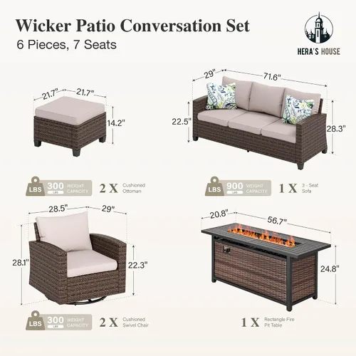 Vista 34 de HERA'S HOUSE - Juego de muebles para patio con mesa para fogata, muebles de mimbre para exteriores, sofá de conversación con asientos profundos