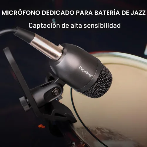 Vista 2 de Depusheng Kit de micrófono dinámico con cable de 5 piezas (completamente metálico) para bombo, tom/redoblante y platillos - Micrófono para tambores