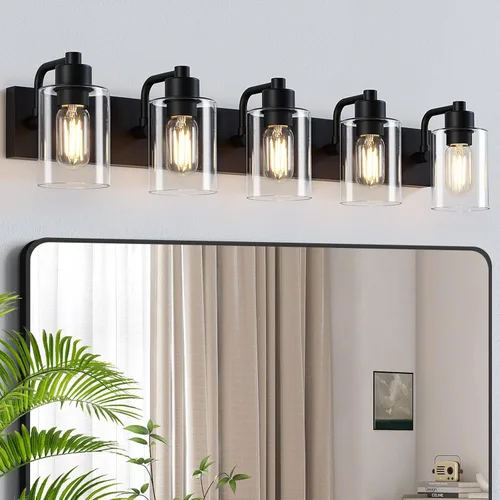Vista 14 de Dpyrrhic Luces de Baño Negras Mate de 2 Luces Sobre Espejo con Pantalla de Vidrio Transparente, Luminarias Modernas de Baño para Cocina, Sala