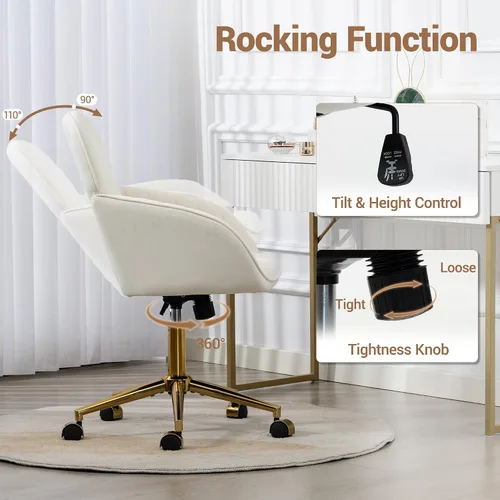 Vista 5 de Silla de tocador de terciopelo con ruedas y base dorada, 330 libras Beige