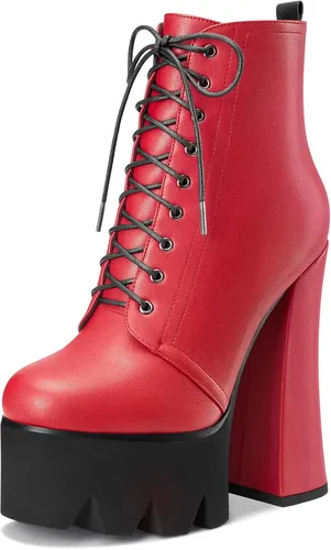 Vista 16 de HDEUOLM Botas de tobillo con tacón alto de bloque grueso para mujer, puntera redonda, botines cortos con cordones y cremallera, zapatos clásicos