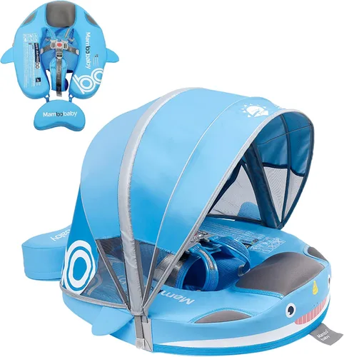 Vista 13 de Mambobaby Flotador para bebé con toldo y cola, flotador no inflable para piscina, correa de seguridad ajustable, entrenador de natación para niños