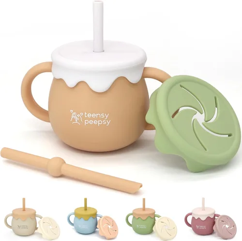 Vista 10 de Tarro de Miel Recipiente 3 en 1 Taza de Entrenamiento de Silicona de 8.5 onzas, Vaso Entrenador para Bebé con Popote y Taza de Snacks para 6 meses+