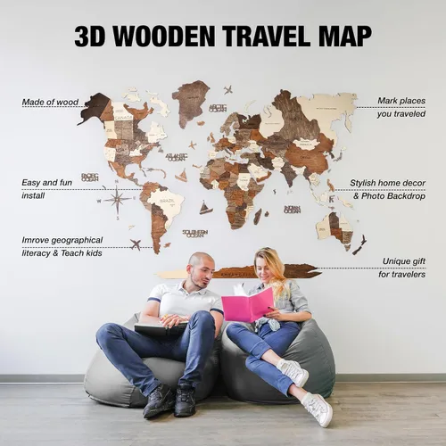 Vista 3 de AWESOMETIK Mapa del mundo de madera 3D multicolor 3D, mapa de madera del mundo, fácil instalación con cinta de doble cara, incluye complementos