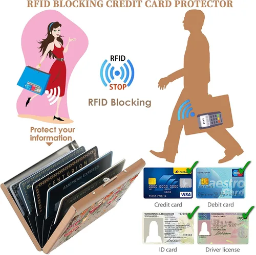 Vista 28 de BONSYL® Soporte para tarjetas de crédito, cartera delgada de metal con bloqueo RFID, con 6 ranuras para tarjetas, para mujeres y hombres.