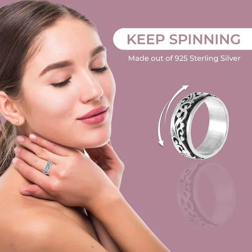 Vista 4 de Shop LC - Anillo giratorio de plata de ley 925, diseño de lunas y estrellas, anillo antiansiedad para mujeres y hombres, chapado en platino, regalo