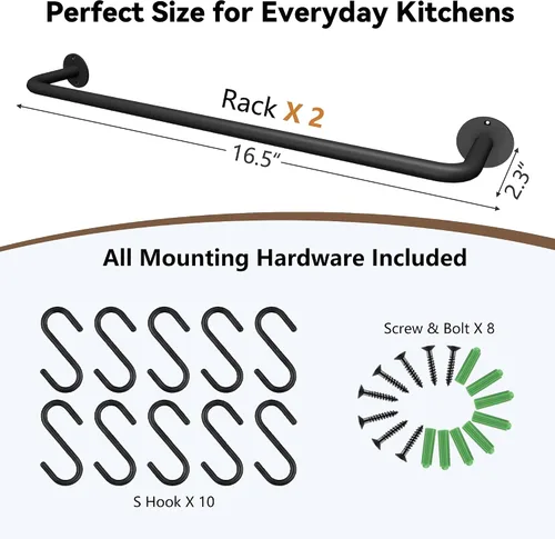 Vista 2 de Soporte de pared para utensilios de cocina hecho de acero, organizador de ollas y sartenes, soporte de pared para organizador de cocina de hierro