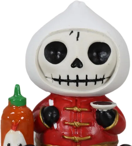 Vista 3 de Ebros Gift Furrybones chinos de 2.5 pulgadas de alto, bollo blanco con botella de pasta de chile, figura coleccionable, esqueleto, monstruo, disfraz